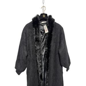 Modefia Coat Womens Medium Large Black Angora Blend Faux Fur Trim Long Duster